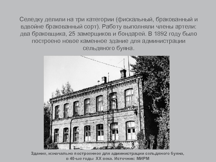 Селедку делили на три категории (фискальный, бракованный и вдвойне бракованный сорт). Работу выполняли члены