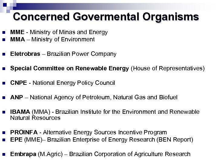 Concerned Govermental Organisms n MME - Ministry of Minas and Energy MMA – Ministry