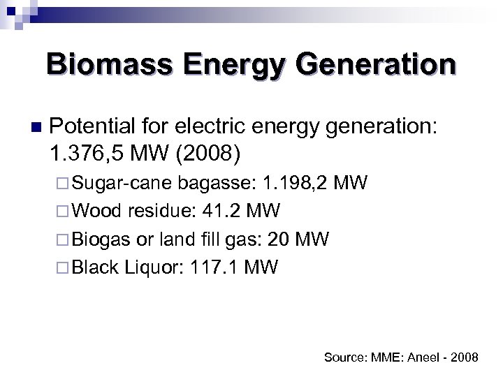 Biomass Energy Generation n Potential for electric energy generation: 1. 376, 5 MW (2008)