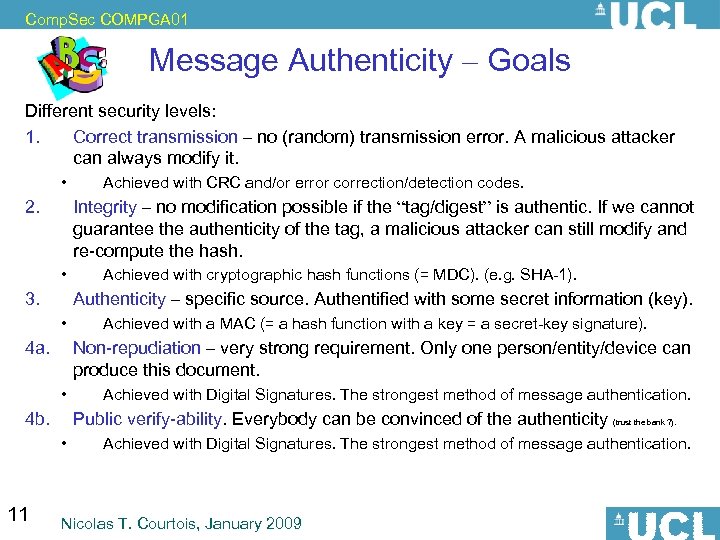 Comp. Sec COMPGA 01 Message Authenticity – Goals Different security levels: 1. Correct transmission