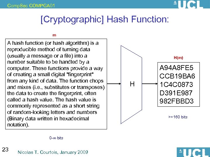 Comp. Sec COMPGA 01 [Cryptographic] Hash Function: m A hash function (or hash algorithm)