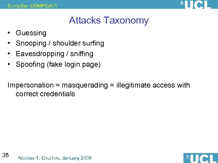 Comp. Sec COMPGA 01 Attacks Taxonomy • • Guessing Snooping / shoulder surfing Eavesdropping