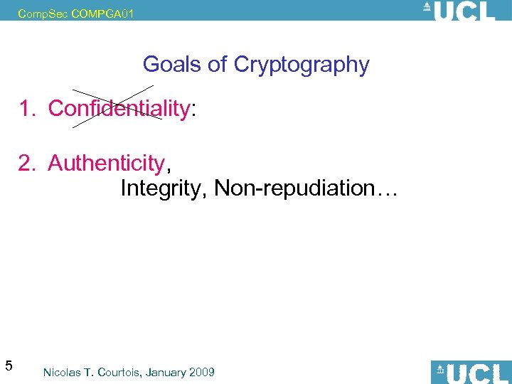 Comp. Sec COMPGA 01 Goals of Cryptography 1. Confidentiality: privacy, anonymity or pseudonymity. 2.