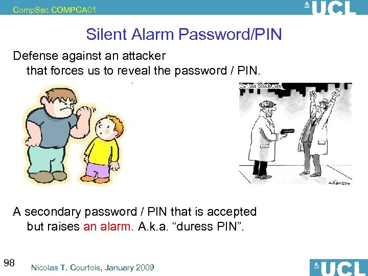 Comp. Sec COMPGA 01 Silent Alarm Password/PIN Defense against an attacker that forces us