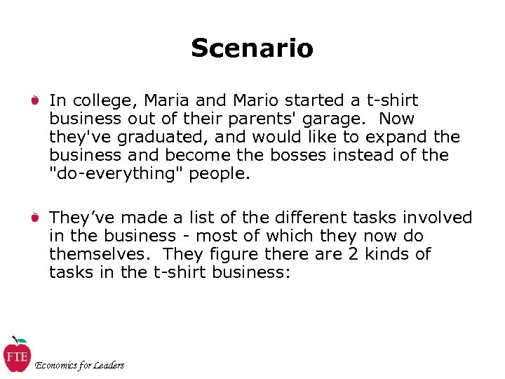 Scenario In college, Maria and Mario started a t-shirt business out of their parents'