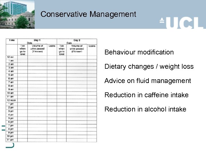 Conservative Management Behaviour modification Dietary changes / weight loss Advice on fluid management Reduction