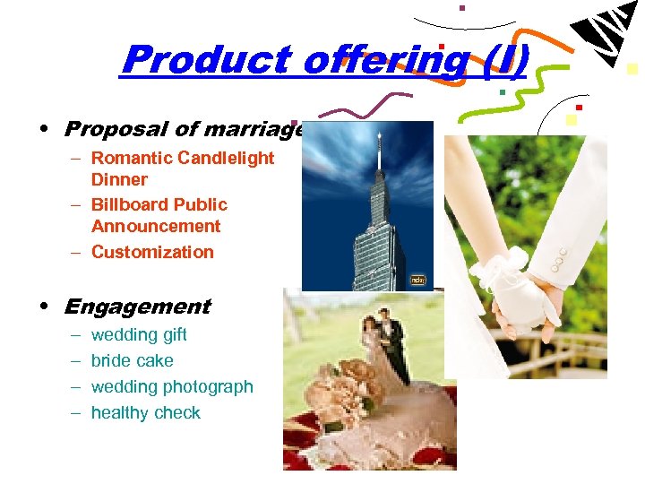Product offering (I) • Proposal of marriage – Romantic Candlelight Dinner – Billboard Public