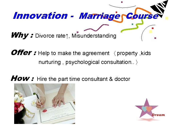 Innovation - Marriage Course Why : Divorce rate↑, Misunderstanding Offer : Help to make