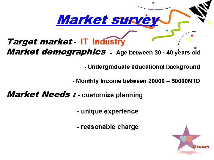 Market survey Target market - IT industry Market demographics - Age between 30 -