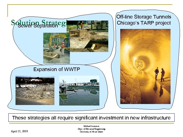 Off-line Storage Tunnels Chicago’s TARP project Solution Strategies Sewer Separation Expansion of WWTP These