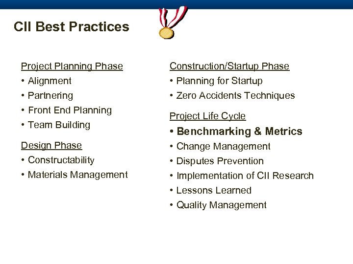 CII Best Practices Project Planning Phase • Alignment Construction/Startup Phase • Planning for Startup