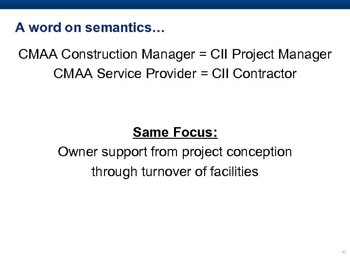 A word on semantics… CMAA Construction Manager = CII Project Manager CMAA Service Provider
