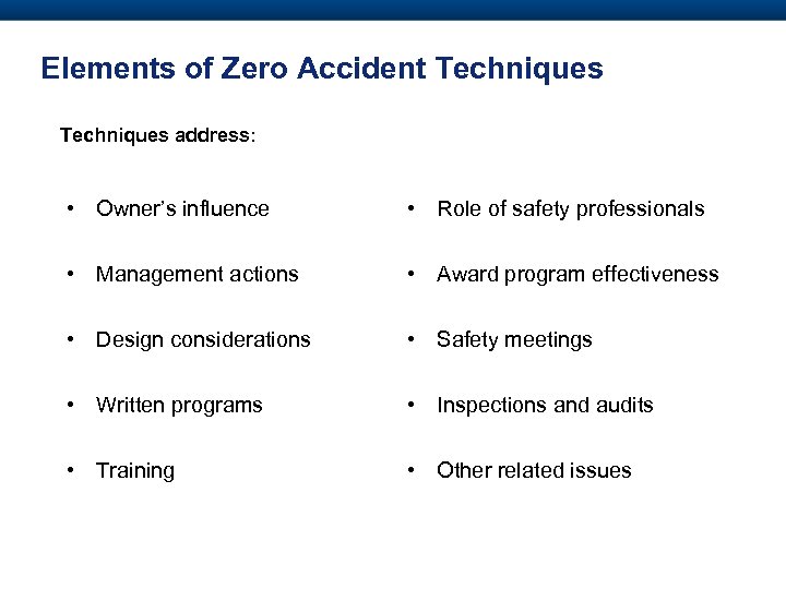 Elements of Zero Accident Techniques address: • Owner’s influence • Role of safety professionals