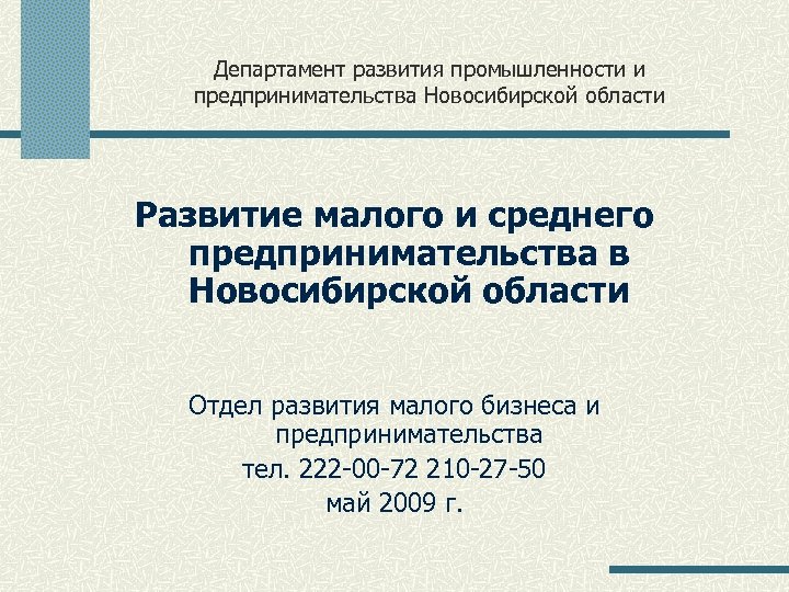 Департамент развития промышленности и предпринимательства Новосибирской области Развитие малого и среднего предпринимательства в Новосибирской