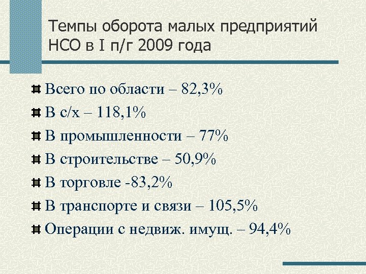 Темпы оборота малых предприятий НСО в I п/г 2009 года Всего по области –