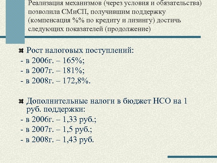 Реализация механизмов (через условия и обязательства) позволила СМи. СП, получившим поддержку (компенсация %% по