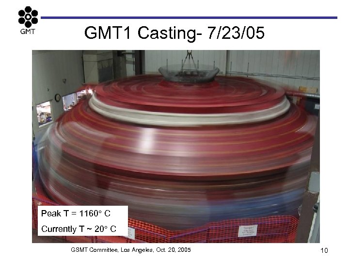 GMT 1 Casting- 7/23/05 Peak T = 1160 C Currently T ~ 20 C