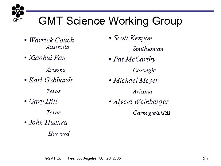 GMT Science Working Group • Warrick Couch • Scott Kenyon Australia Smithsonian • Xiaohui