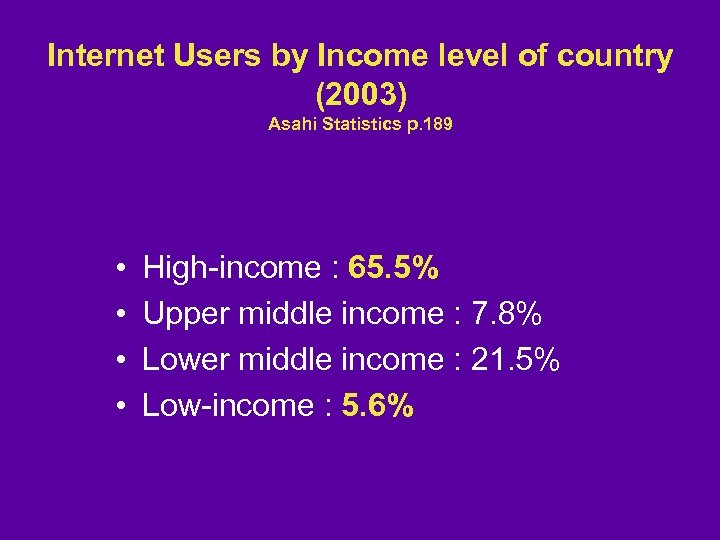 Internet Users by Income level of country (2003) Asahi Statistics p. 189 • •