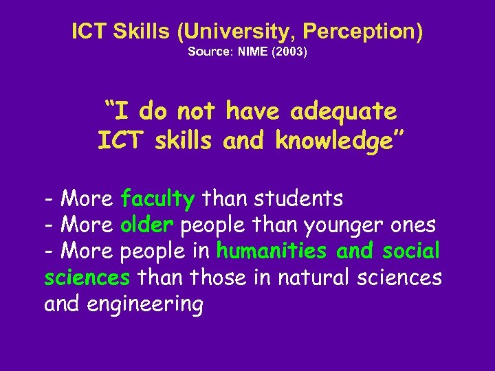 ICT Skills (University, Perception) Source: NIME (2003) “I do not have adequate ICT skills