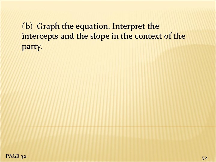 (b) Graph the equation. Interpret the intercepts and the slope in the context of