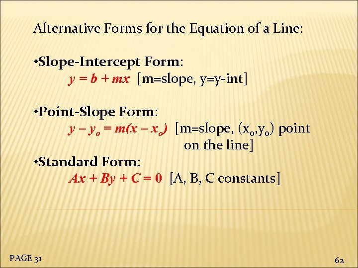 Alternative Forms for the Equation of a Line: • Slope-Intercept Form: y = b