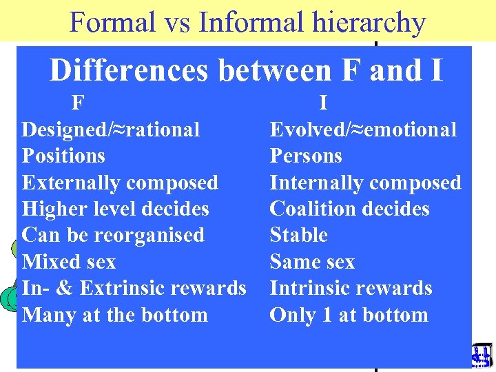 Formal vs Informal hierarchy Differences between F and I F Designed/≈rational Positions Externally composed