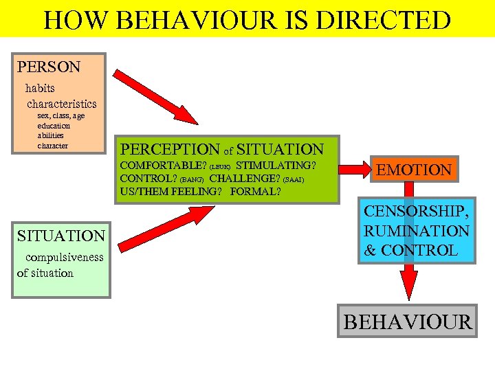 HOW BEHAVIOUR IS DIRECTED PERSON habits characteristics sex, class, age education abilities character PERCEPTION