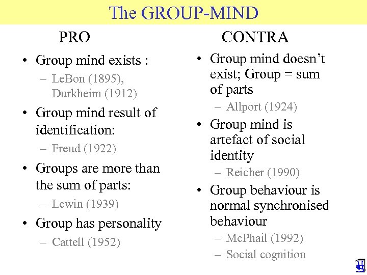 The GROUP-MIND PRO • Group mind exists : – Le. Bon (1895), Durkheim (1912)
