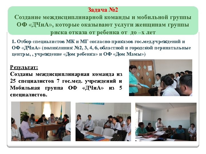 Задача № 2 Создание междисциплинарной команды и мобильной группы ОФ «ДЧи. А» , которые