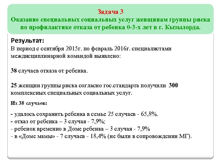 Задача 3 Оказание специальных социальных услуг женщинам группы риска За по профилактике отказа от