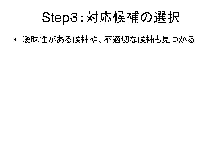 Step３：対応候補の選択 • 曖昧性がある候補や、不適切な候補も見つかる 