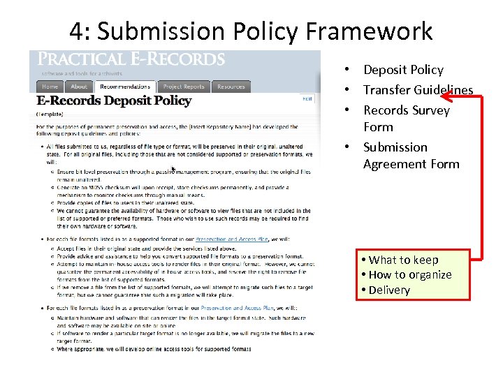 4: Submission Policy Framework • Deposit Policy • Transfer Guidelines • Records Survey Form