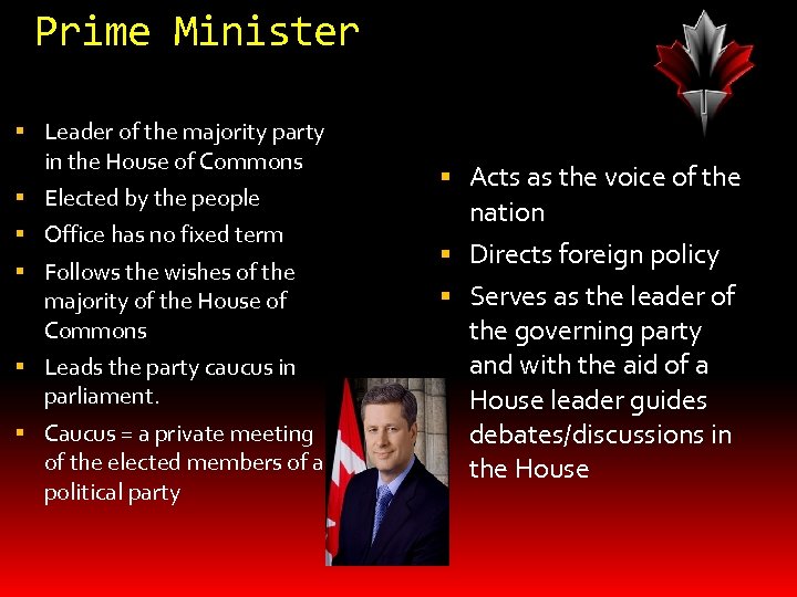 Prime Minister Leader of the majority party in the House of Commons Elected by