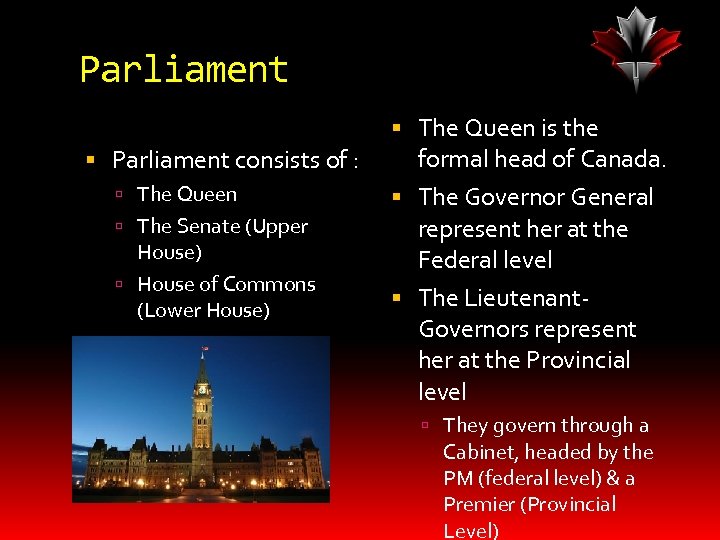 Parliament consists of : The Queen The Senate (Upper House) House of Commons (Lower