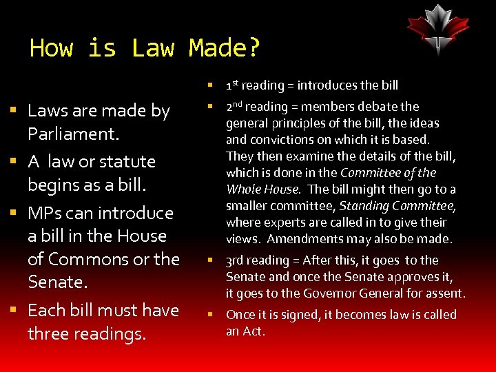 How is Law Made? 1 st reading = introduces the bill Laws are made