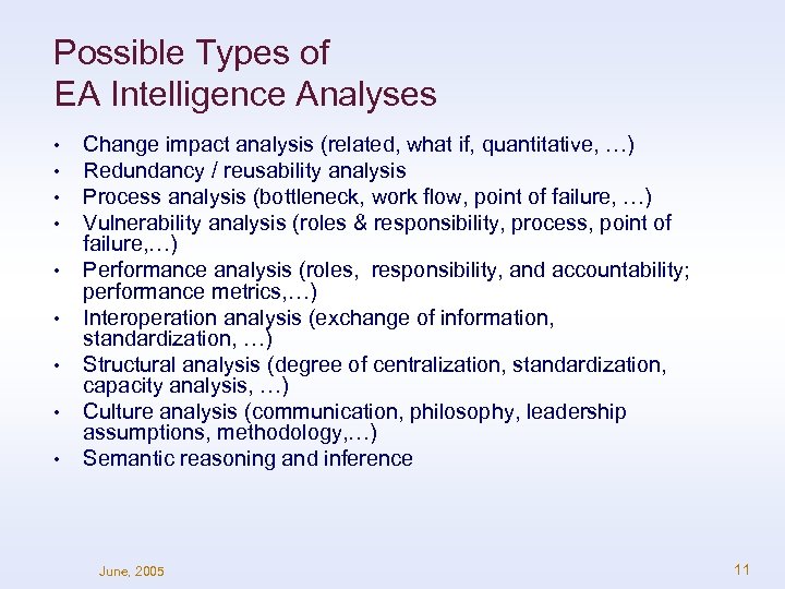 Possible Types of EA Intelligence Analyses • • • Change impact analysis (related, what