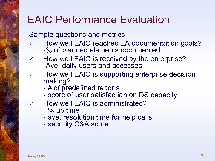 EAIC Performance Evaluation Sample questions and metrics ü How well EAIC reaches EA documentation