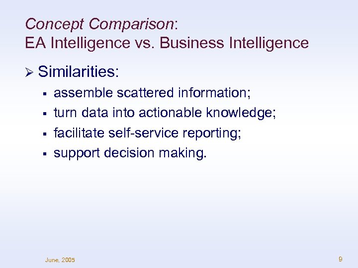 Concept Comparison: EA Intelligence vs. Business Intelligence Ø Similarities: § § assemble scattered information;