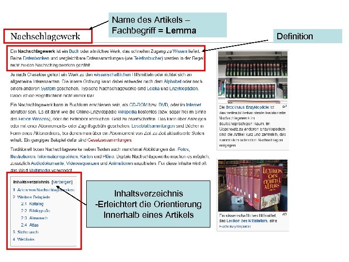 Name des Artikels – Fachbegriff = Lemma Inhaltsverzeichnis -Erleichtert die Orientierung Innerhalb eines Artikels
