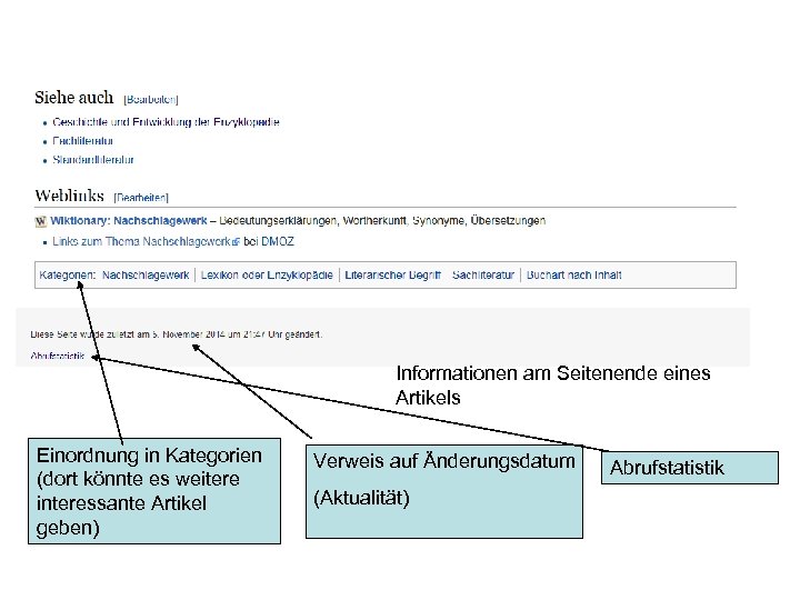 Informationen am Seitenende eines Artikels Einordnung in Kategorien (dort könnte es weitere interessante Artikel