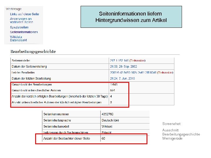 Seiteninformationen liefern Listen Hintergrundwissen zum Artikel Screenshot: Ausschnitt Bearbeitungsgeschichte Wernigerode 