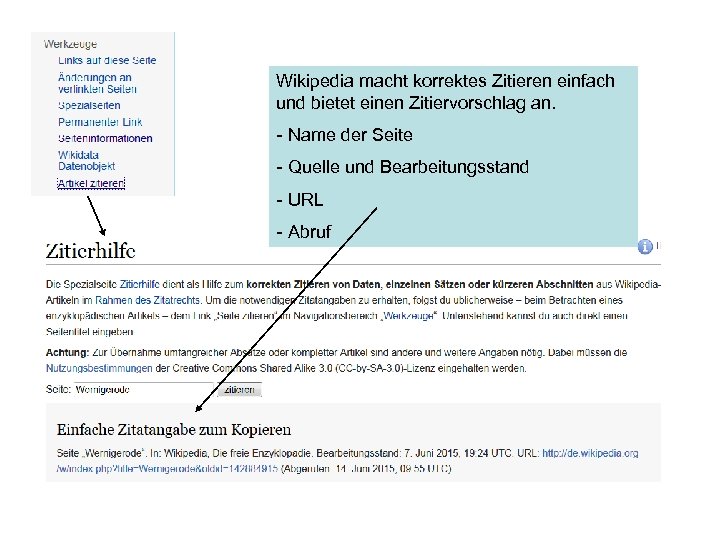 Wikipedia macht korrektes Zitieren einfach und bietet einen Zitiervorschlag an. - Name der Seite