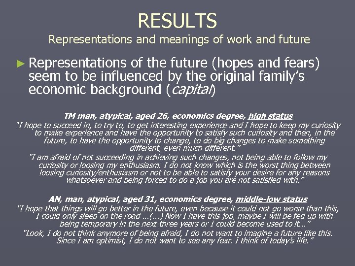 RESULTS Representations and meanings of work and future ► Representations of the future (hopes