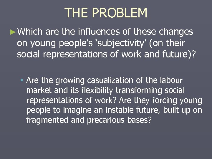 THE PROBLEM ► Which are the influences of these changes on young people’s ‘subjectivity’