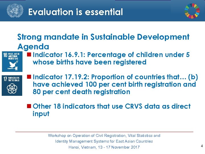 Evaluation is essential Strong mandate in Sustainable Development Agenda Indicator 16. 9. 1: Percentage