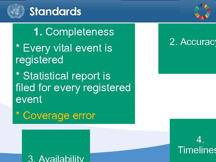 Standards 1. Completeness * Every vital event is registered * Statistical report is filed