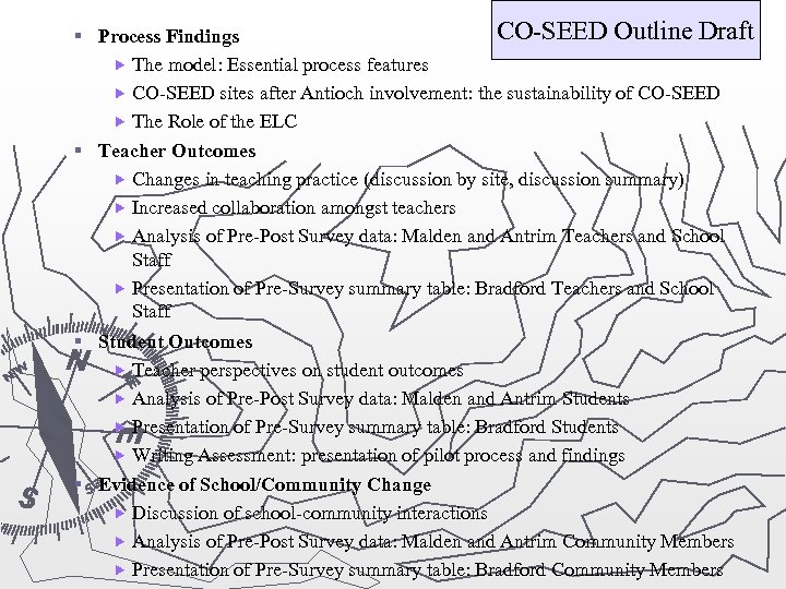 CO-SEED Outline Draft § Process Findings The model: Essential process features CO-SEED sites after