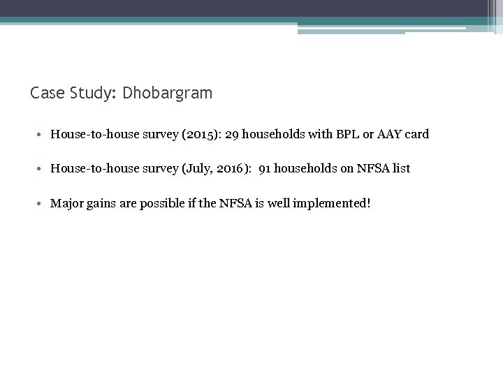 Case Study: Dhobargram • House-to-house survey (2015): 29 households with BPL or AAY card