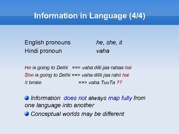 Information in Language (4/4) English pronouns Hindi pronoun he, she, it vaha He is